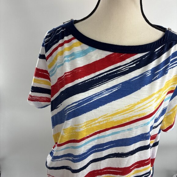 Alfred Dunner Top Womens M Multicolor Stripe Short Sleeve Casual Blouse - Picture 2 of 7